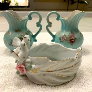 Elegant Floral Ceramic Pitcher Set with Dove Accent trinket bowl